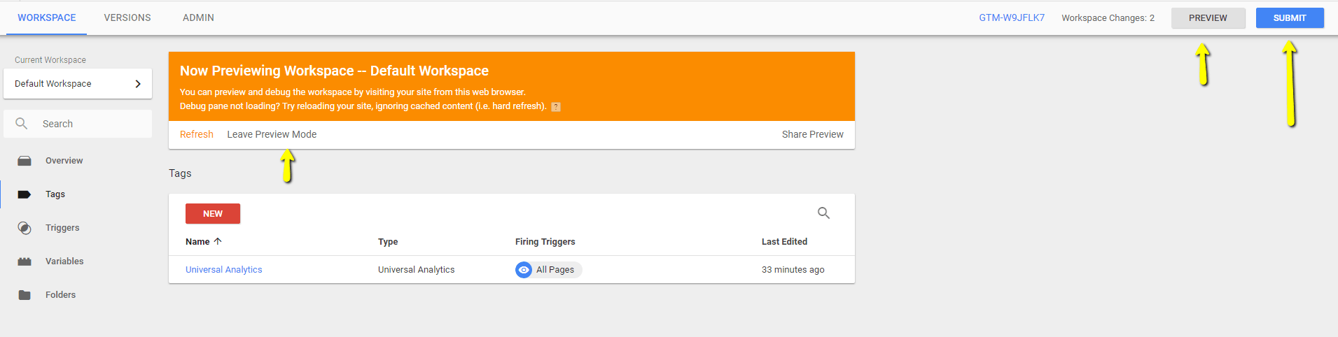 gtm preview, submit