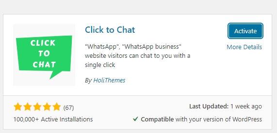 The free whatsapp plugin is ready to be activated on the website